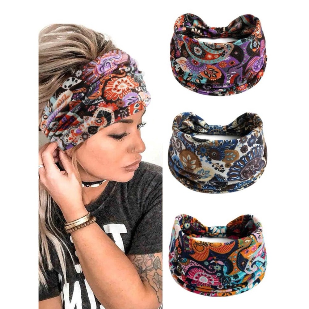 Boho Paisley Print Knot Wide 3pc Headband Set
